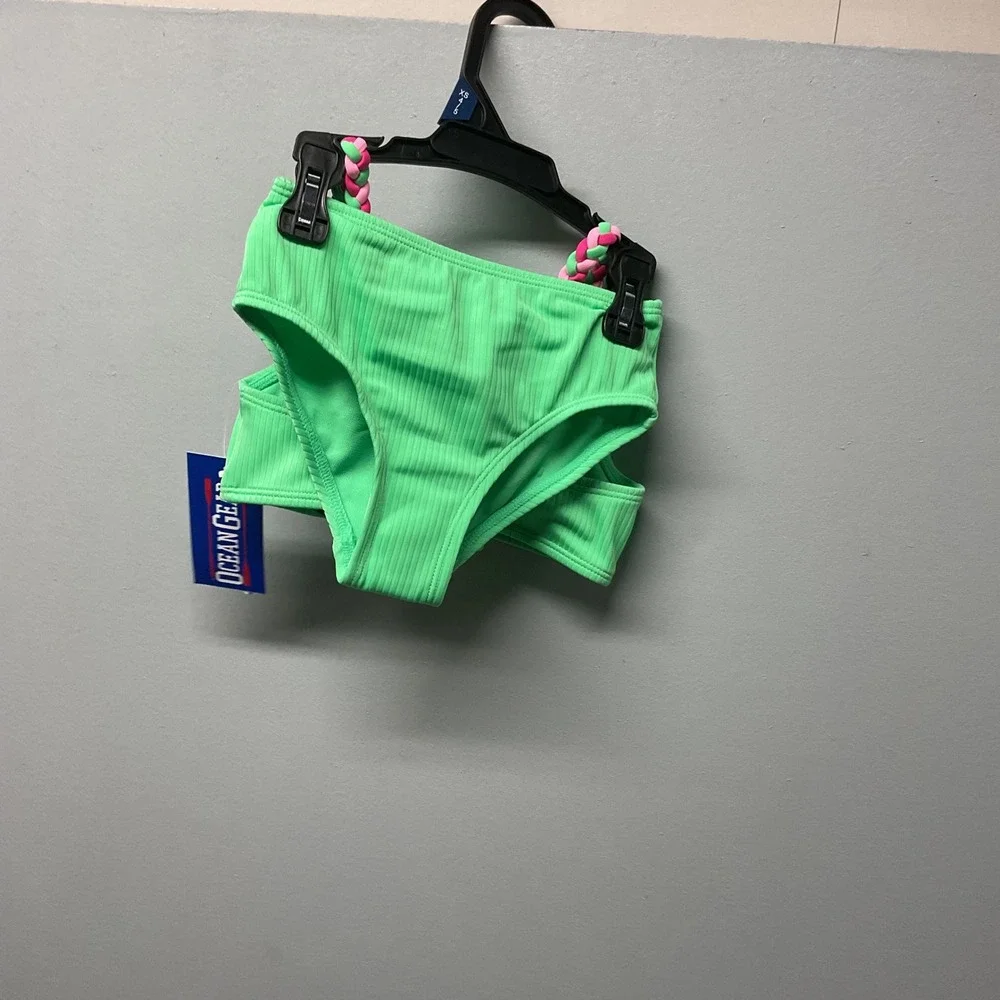 Ocean & Co Girls Aqua Ribbed Bikini Set Bra Top Bottoms Size XS 4‎ 5 UPF 50+